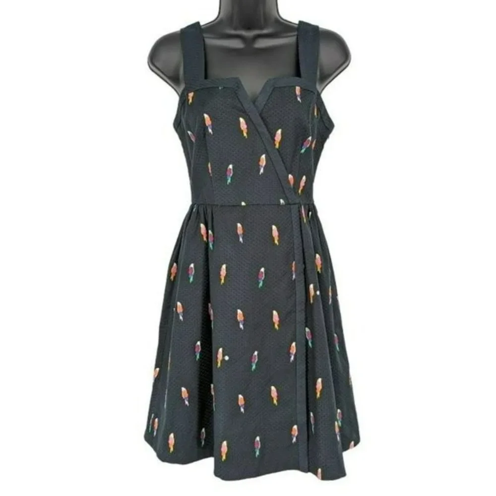 Kate Spade Flock Party Dress 0 Black Parrot Jacquard Fit N Flare Mock Wrap Mini